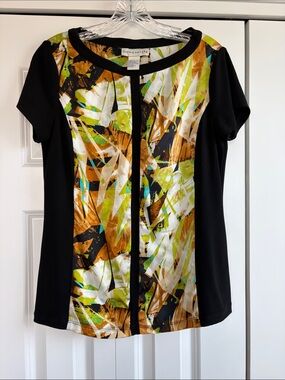 Doncaster Silk Black Short-Sleeve Top with Green, Gold & White Abstract Front. M